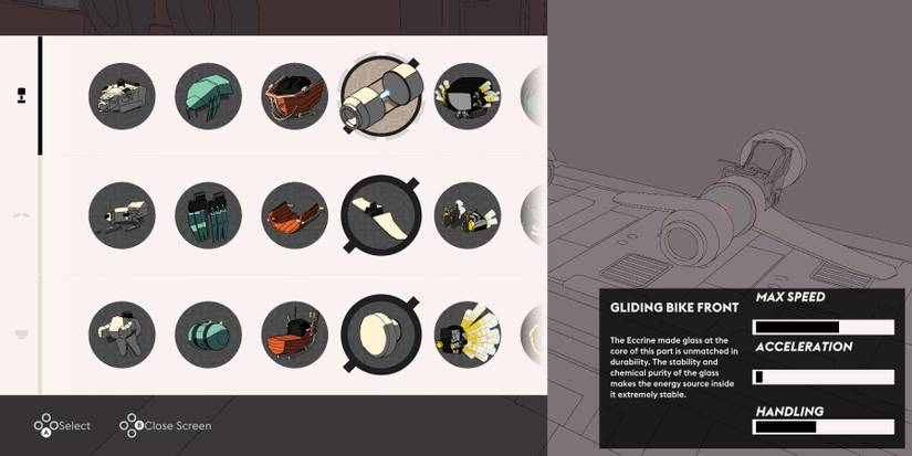 Vehicle customization screen with bike parts on the left and a white, winged hover bike on the right