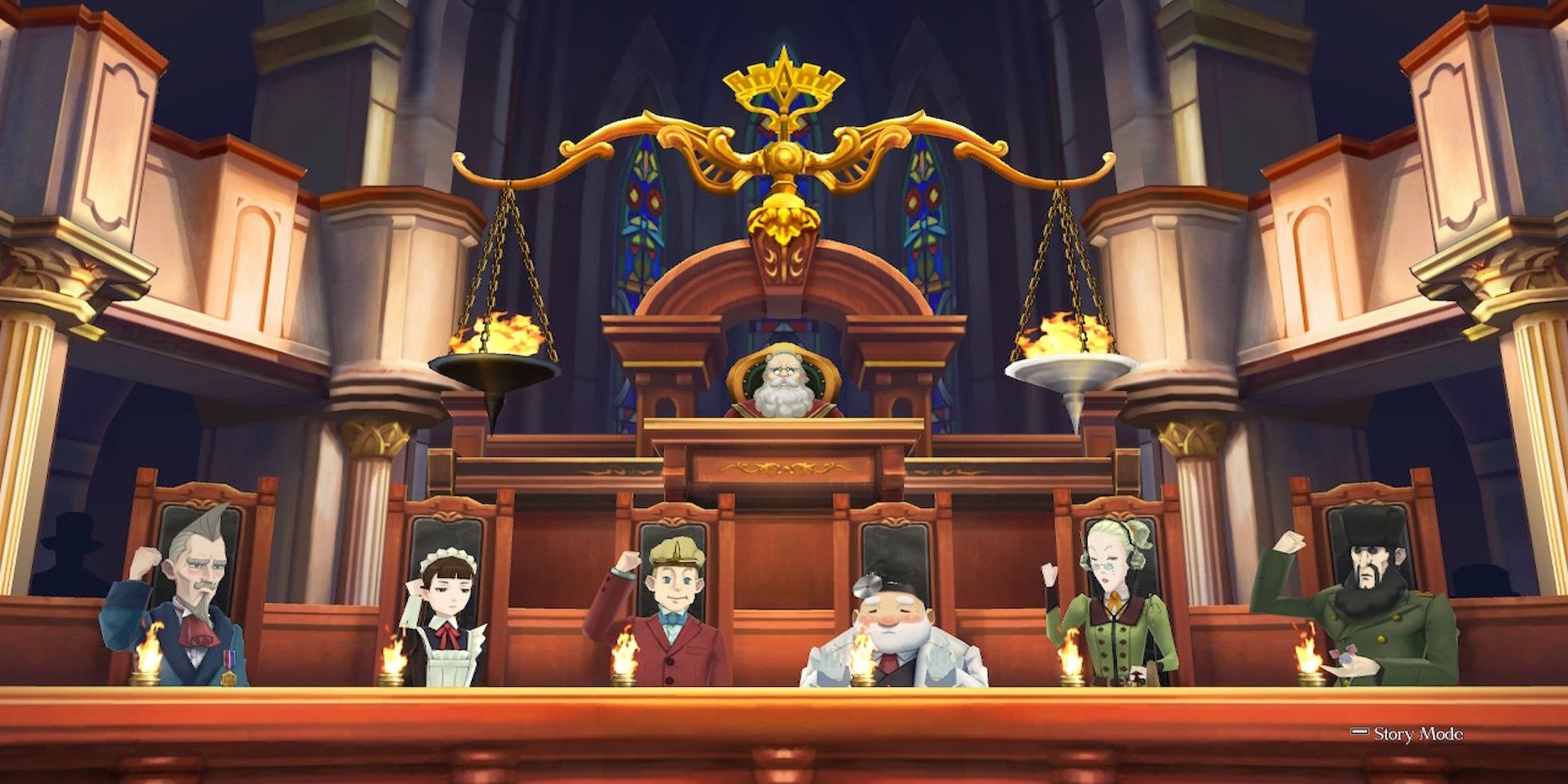 A courtroom scene featuring characters from The Great Ace Attorney Chronicles