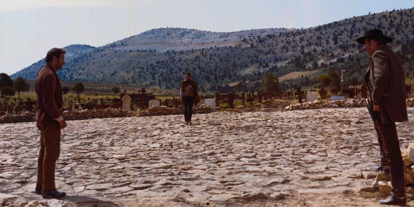 The titular trio in a climactic standoff in The Good, the Bad, and the Ugly