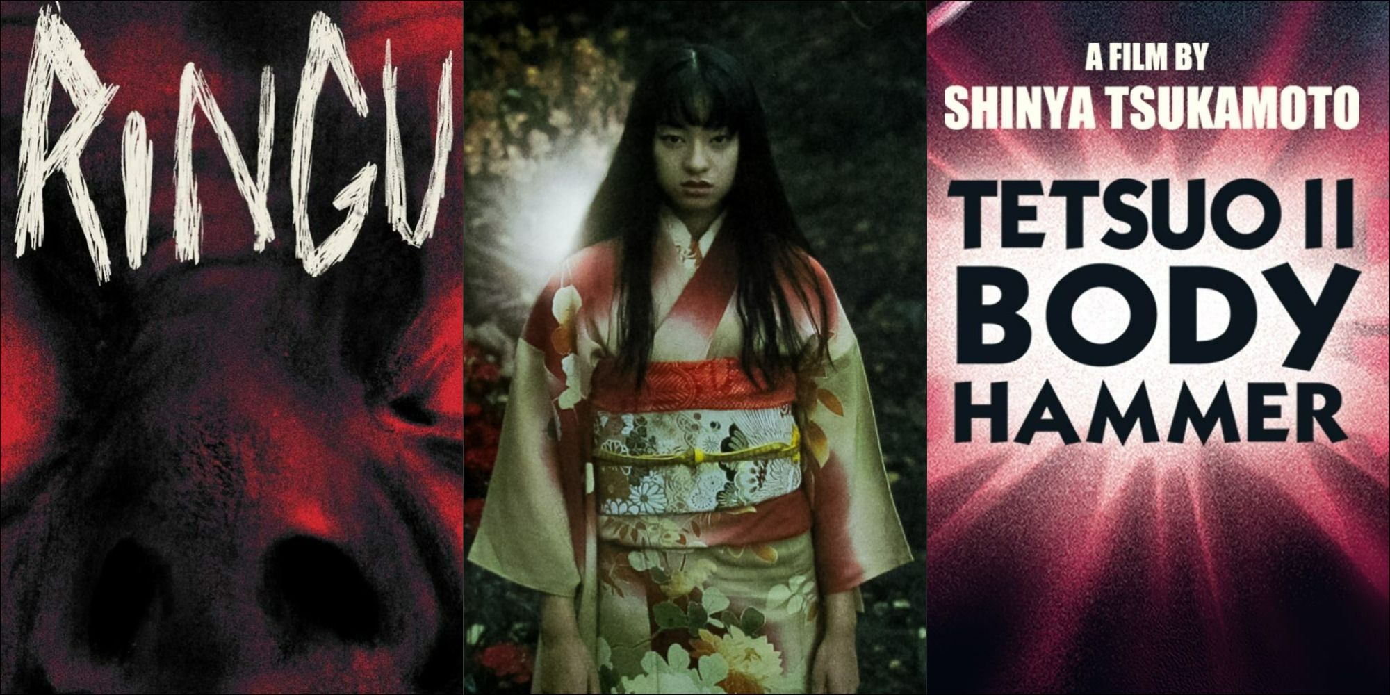 The title cards from Tetsuo and Ringu and a character from School Mystery