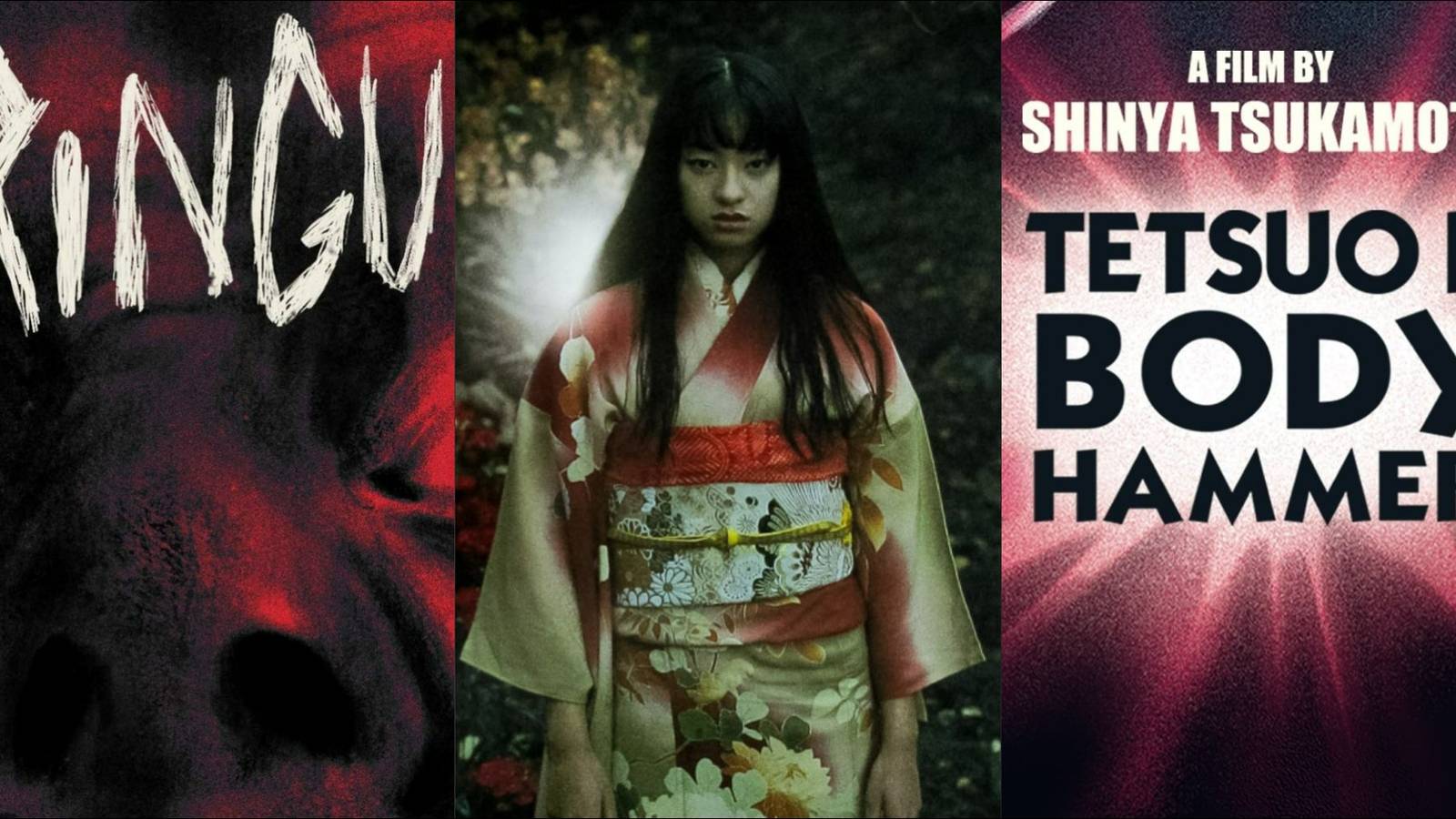 The title cards from Tetsuo and Ringu and a character from School Mystery