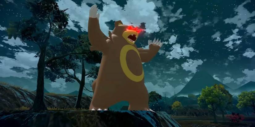 An enraged Ursaring roaring at night with Mt. Coronet in view.