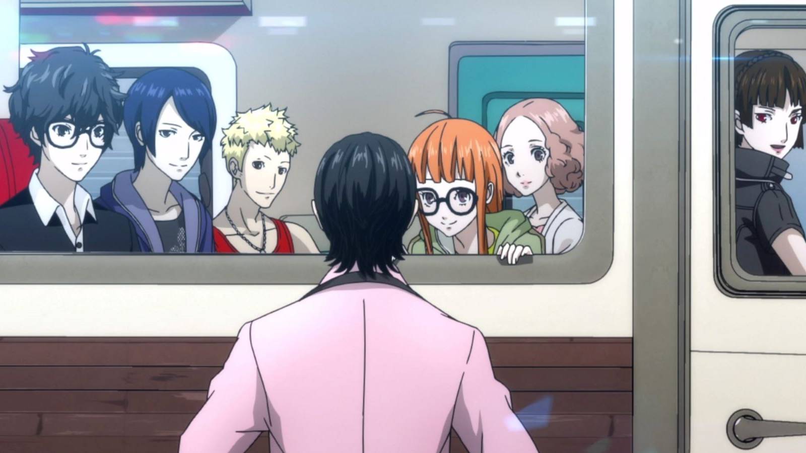 Sojiro Sakura saying goodbye to the Phantom Thieves in Persona 5 Strikers, showing Joker, Yusuke Kitagawa, Ryuji Sakamoto, Futaba Sakura, Haru Okumura, and Makoto Niijima