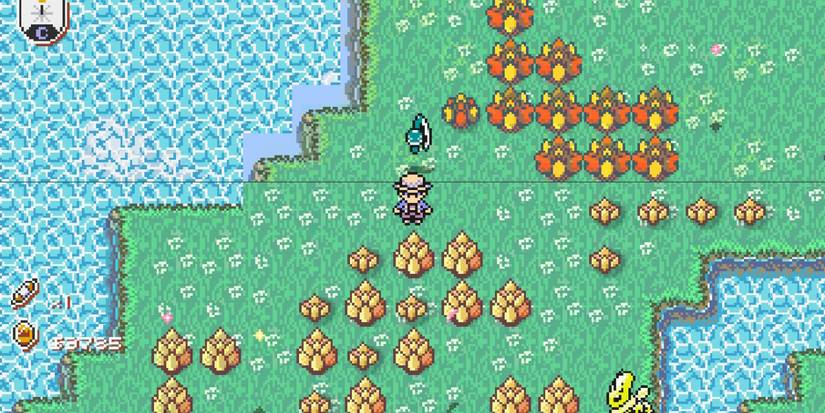 main character stands in the middle of a field with orange bushes and a thin black line through the middle of the screen