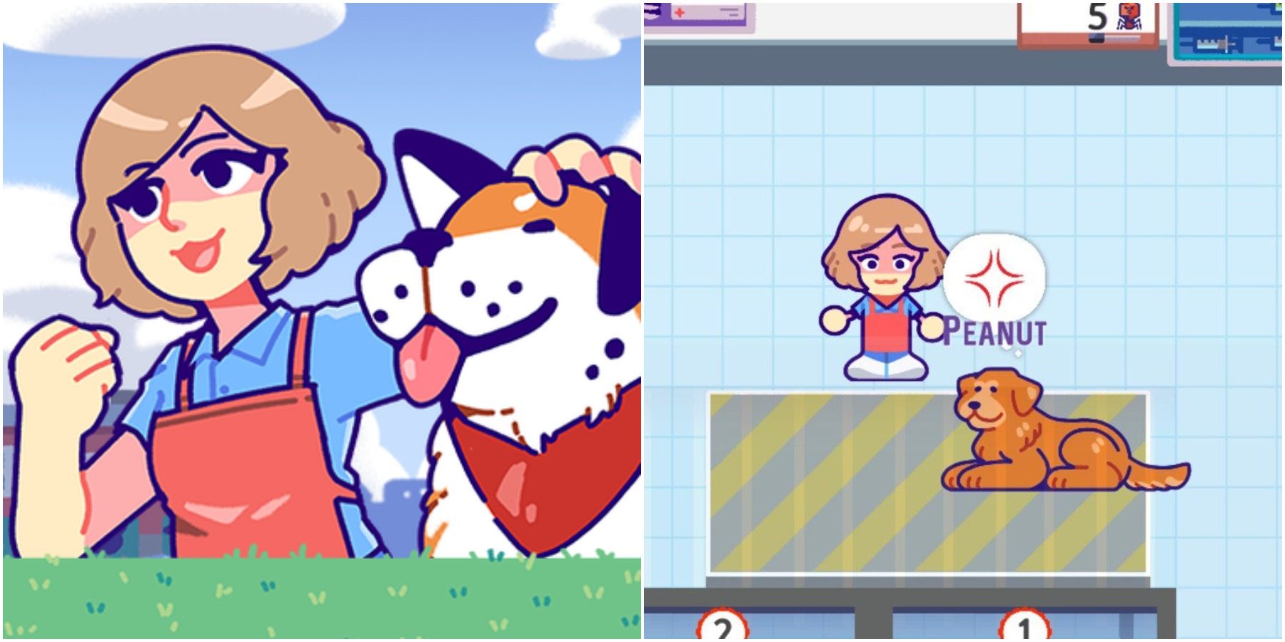 Split image of character with dog in game art and in game.