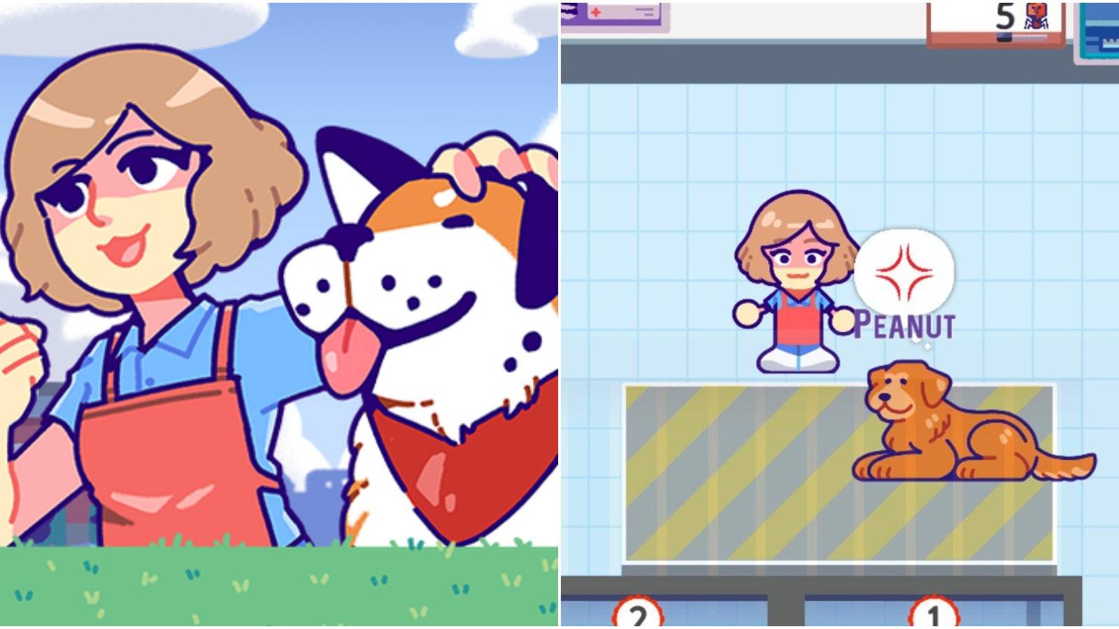 Split image of character with dog in game art and in game.