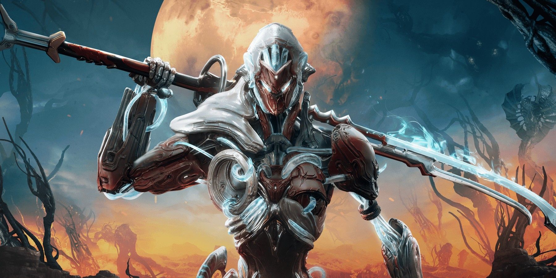 A Warframe character sholding a sword over their shoulder