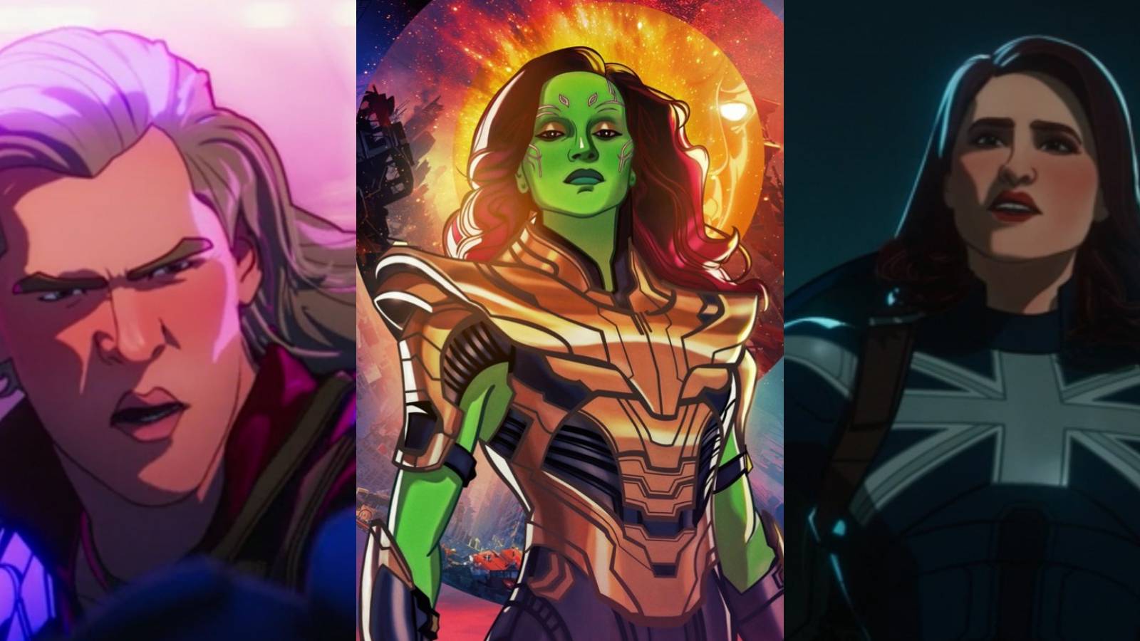 A split image depicts Thor, Gamora, and Captain Carter in What If...? Episode 9