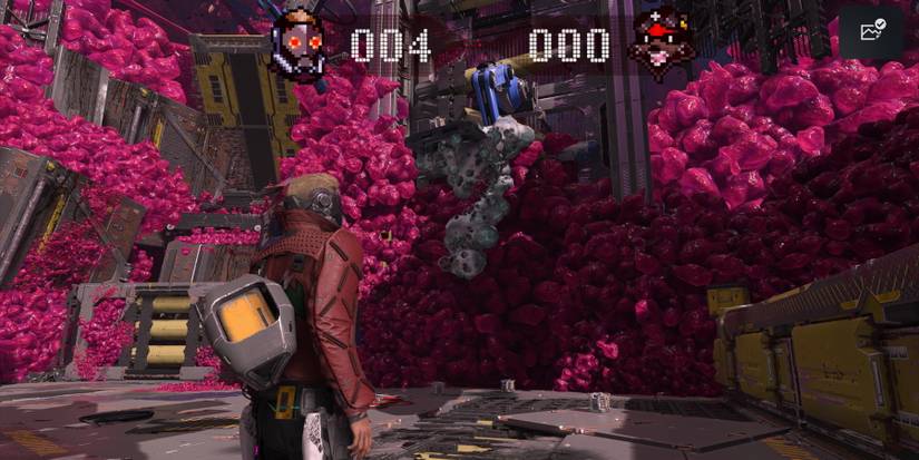 Marvel's Guardians of the Galaxy  star-lord peter quill in quarantine zone looking at shootable resin