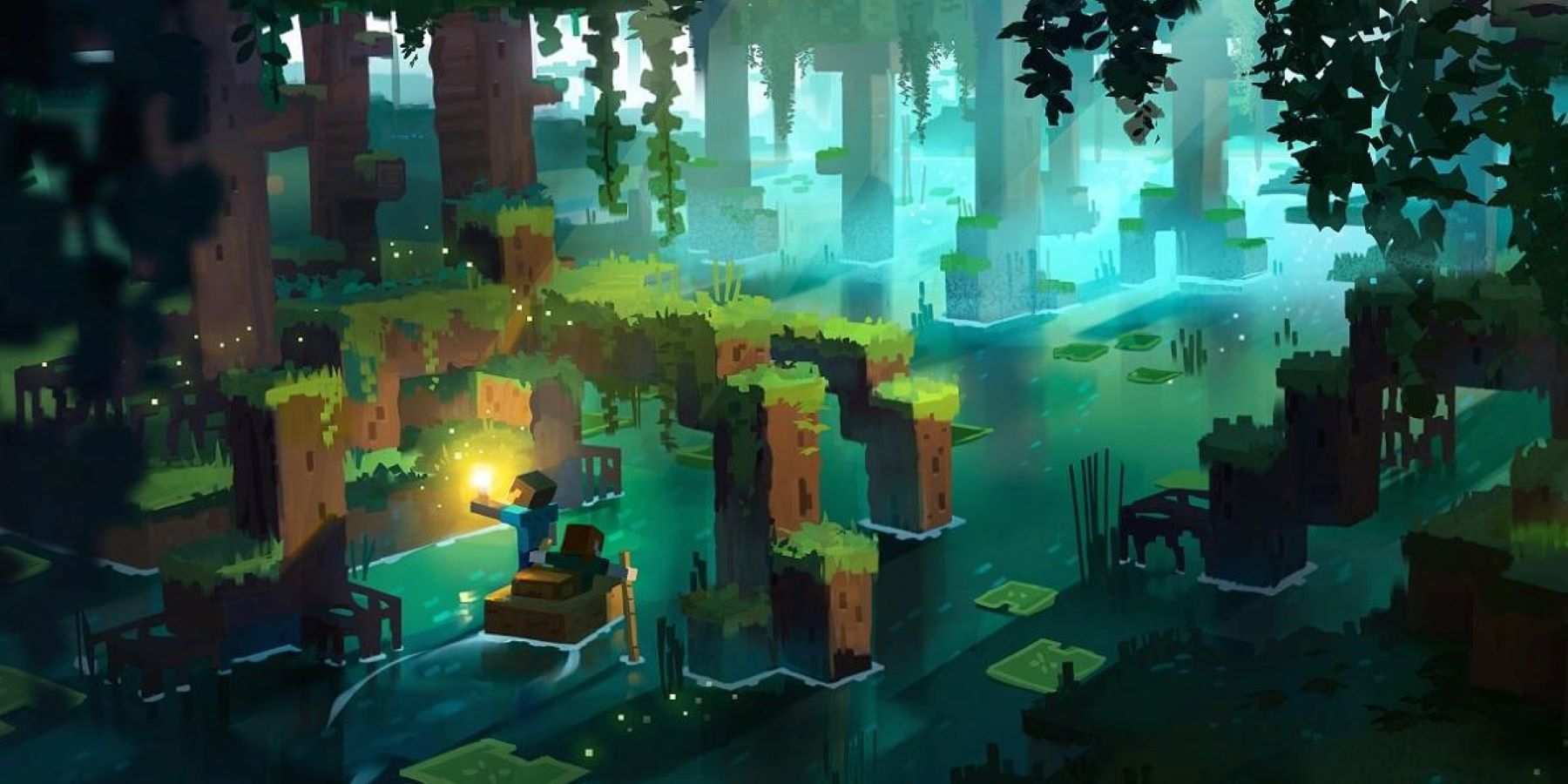 Concept art for a swamp in Minecraft's Wild Update, showing Steve and Alex traveling under some mangrove trees and fireflies in a boat