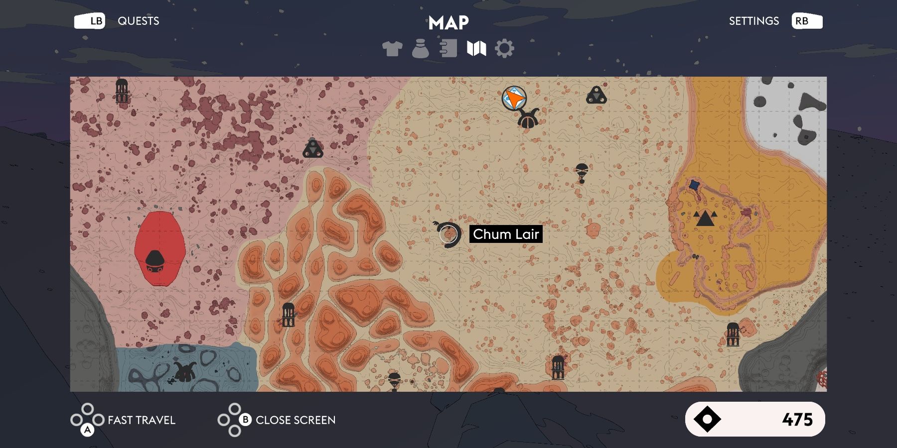 A map with different colors of sand denoting different regions; the cursor is centered on a location called Chum Lair