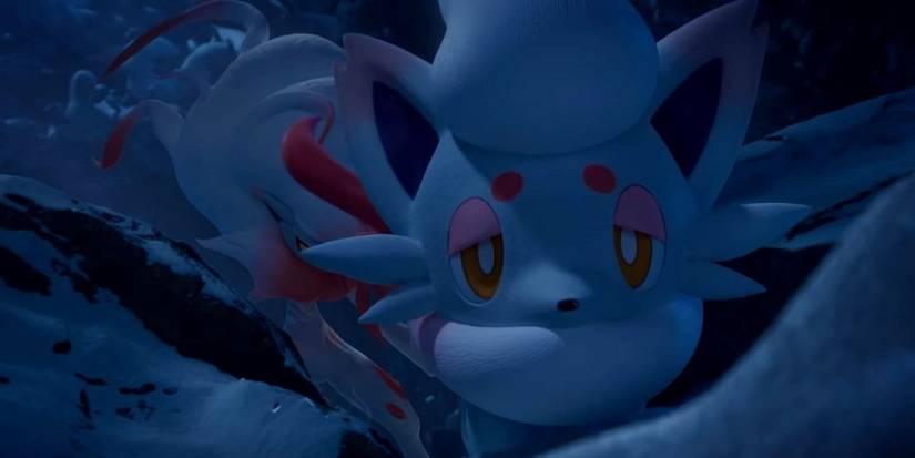 A snowy night scene in a Pokemon Legends: Arceus trailer, showing Hisuian Zorua looking into a camera with Hisuian Zoroark in the background
