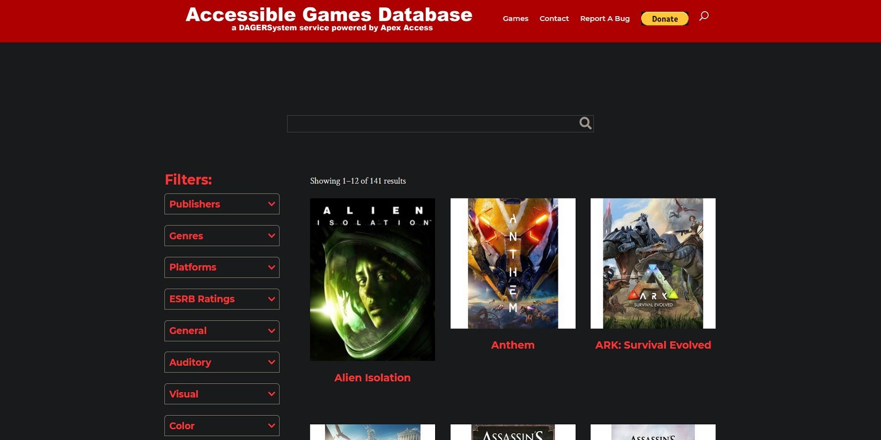 Скриншот с веб-сайта базы данных доступных игр.