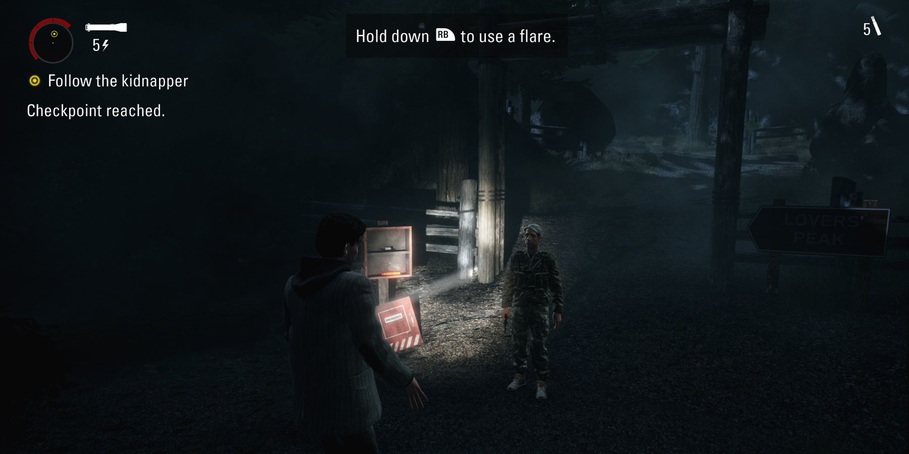 alan wake remastered alan holding a flashlight and pointing at flares and kidnapper in episode 2