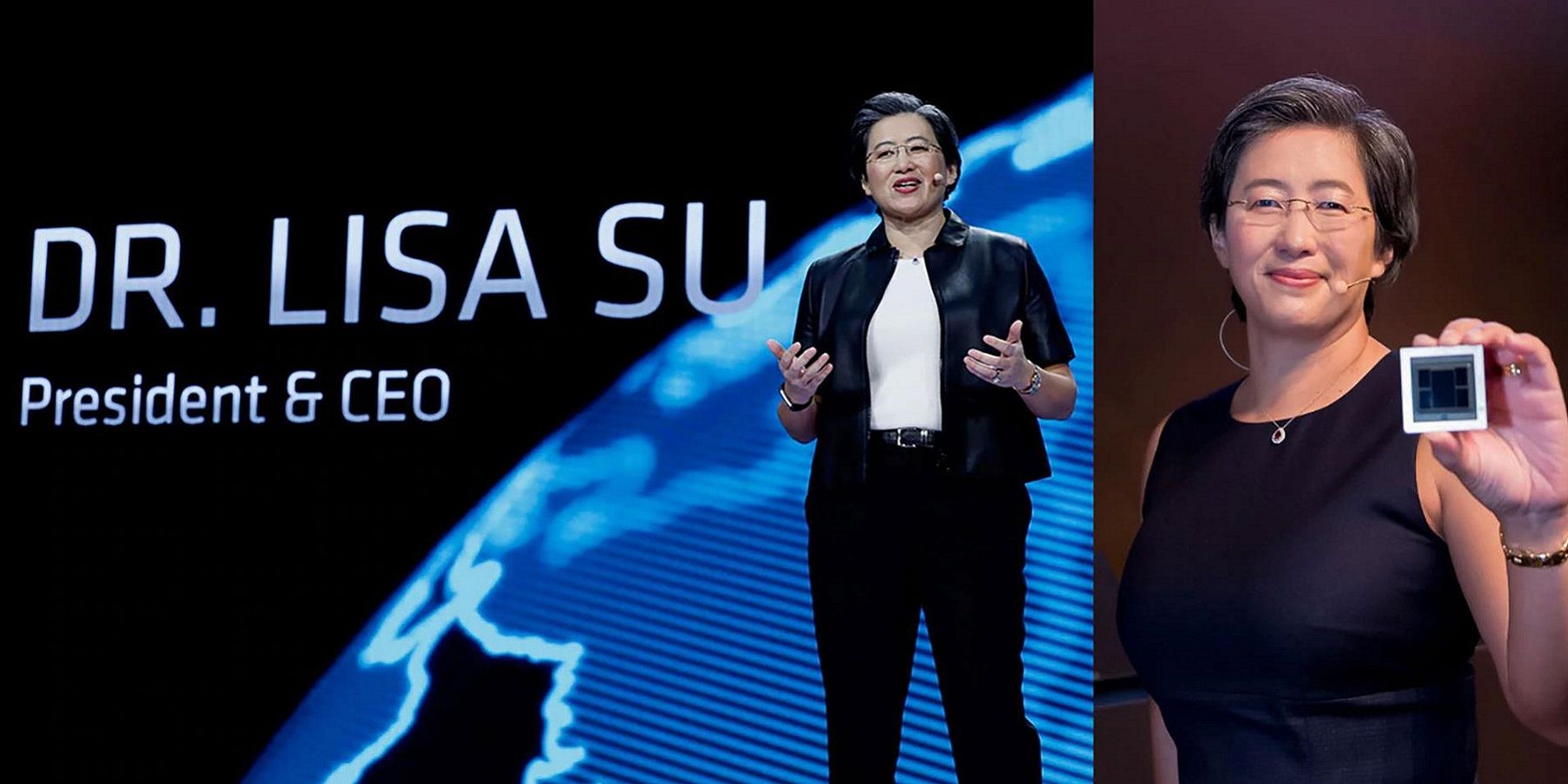 AMD's CEO, Lisa Su, shown giving a talk, and holding a chip in a separate picture.