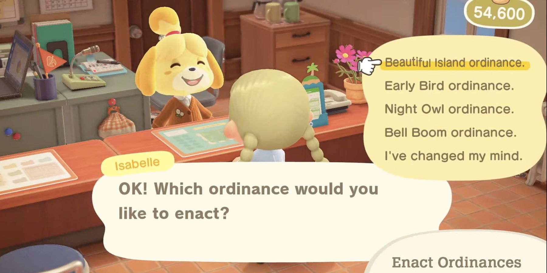 A player gets ready to enact an Island Ordinance while talking to Isabelle in Animal Crossing: New Horizons.