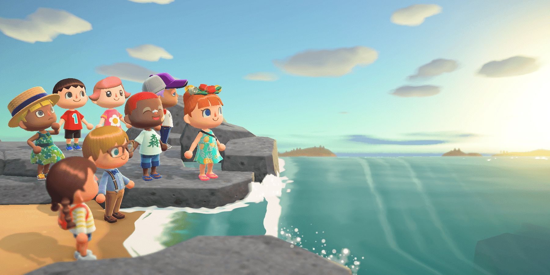 Players gather by the ocean on one person's island and watch the sunset in Animal Crossing: New Horizons.