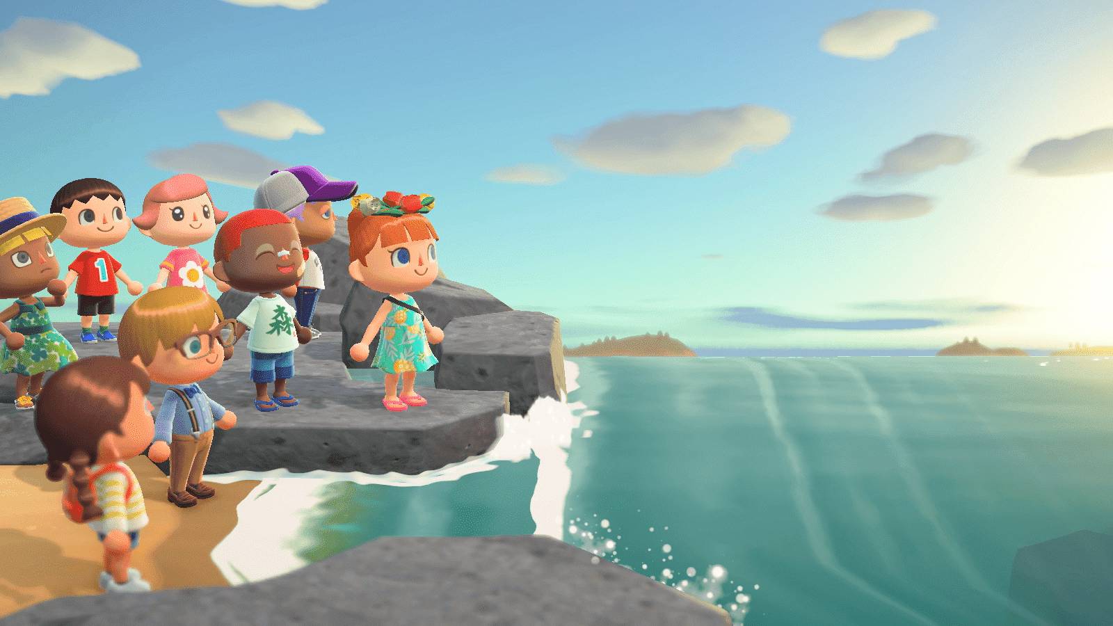 Players gather by the ocean on one person's island and watch the sunset in Animal Crossing: New Horizons.