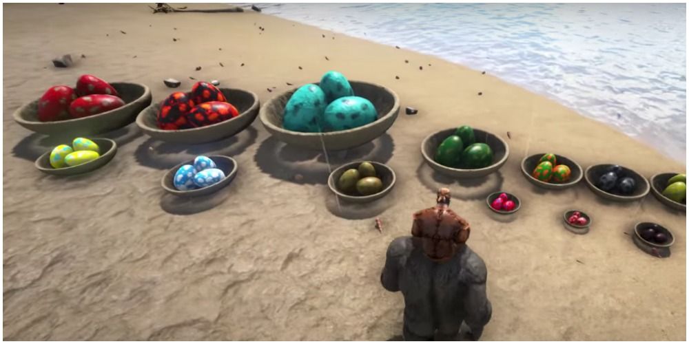ark survival evolved player looking at many different eggs on a beach