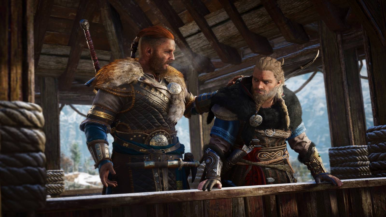 Sigurd taking to Eivor with a hand on his back in Assassin's Creed Valhalla