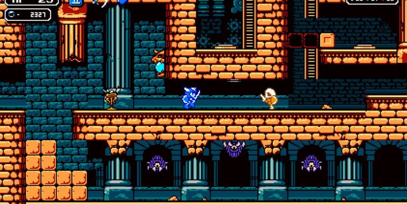 Screenshot of Arias growing blue while exploring dungeon in Astalon: Tears of the Earth.