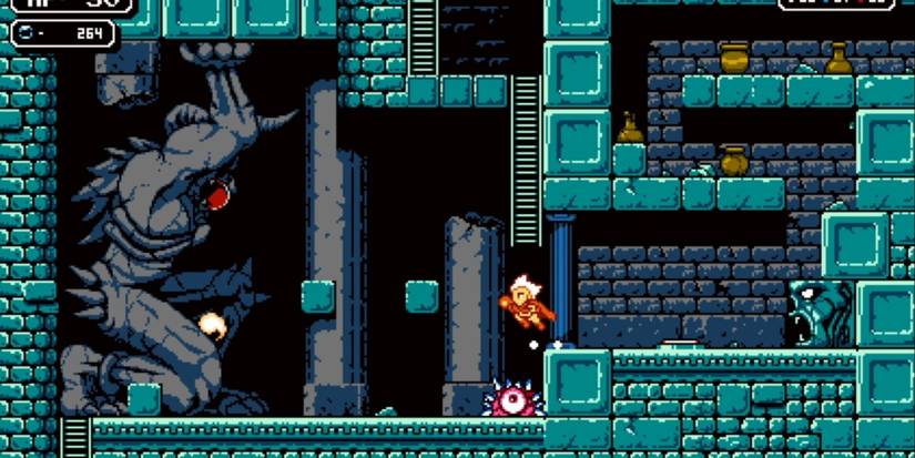 Screenshot of main character avoiding a floor spike trap in Astalon: Tears of the Earth
