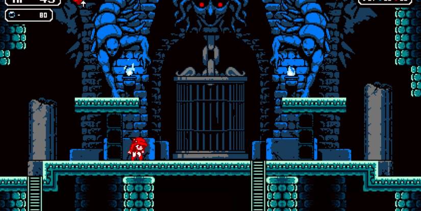 Screenshot of Arias at the gorgon gate in Astalon: Tears of the Earth.
