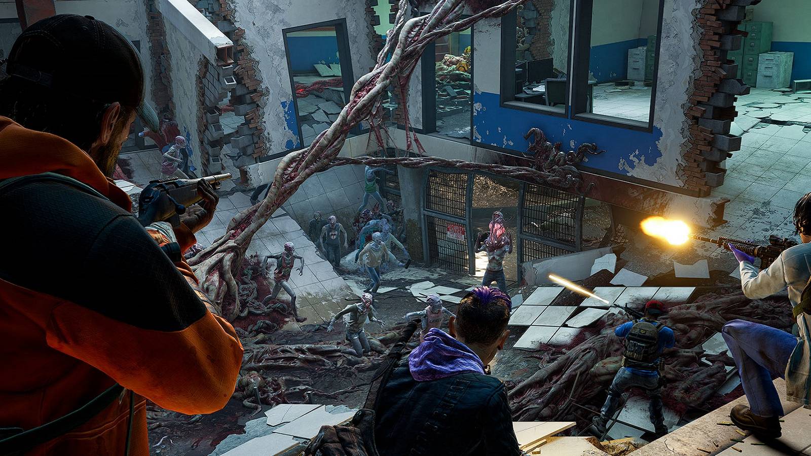 Screenshot from Back 4 Blood showing the players in a dilapidated building shooting at the Ridden.