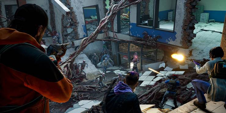 Скриншот из Back 4 Blood показывает игроков в полуразрушенном здании, стреляющих в Ridden.