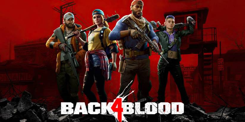 Image from Back 4 Blood showing four players stood on top of some rubble with the game's logo beneath them.
