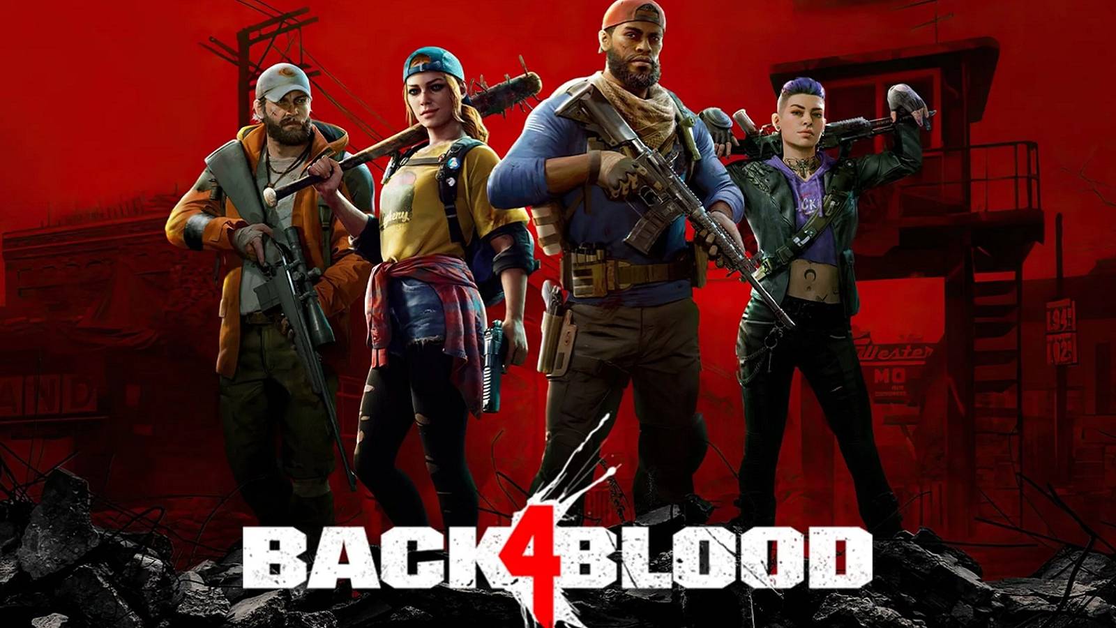 Image from Back 4 Blood showing four players stood on top of some rubble with the game's logo beneath them.