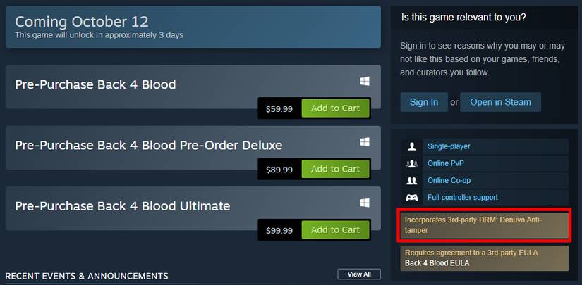 back 4 blood steam profile denuvo