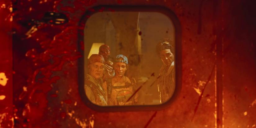 A cinematic from Back 4 Blood with Mom, Walker, and Holly, grouped on the left and Evangelo right.