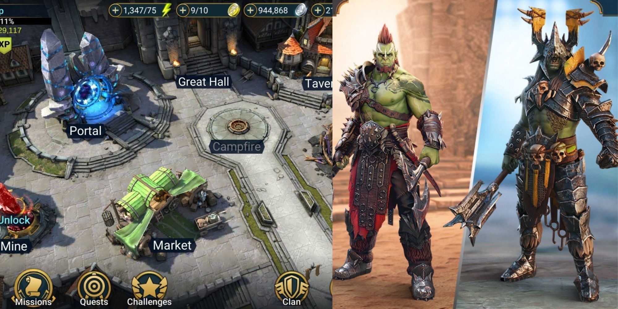 Split image of the main screen from Raid Shadow Legends as well as the character of Galek.