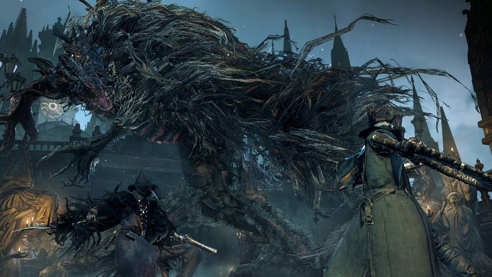 Screenshot from Bloodborne showing the player about the take on the Cleric Beast.