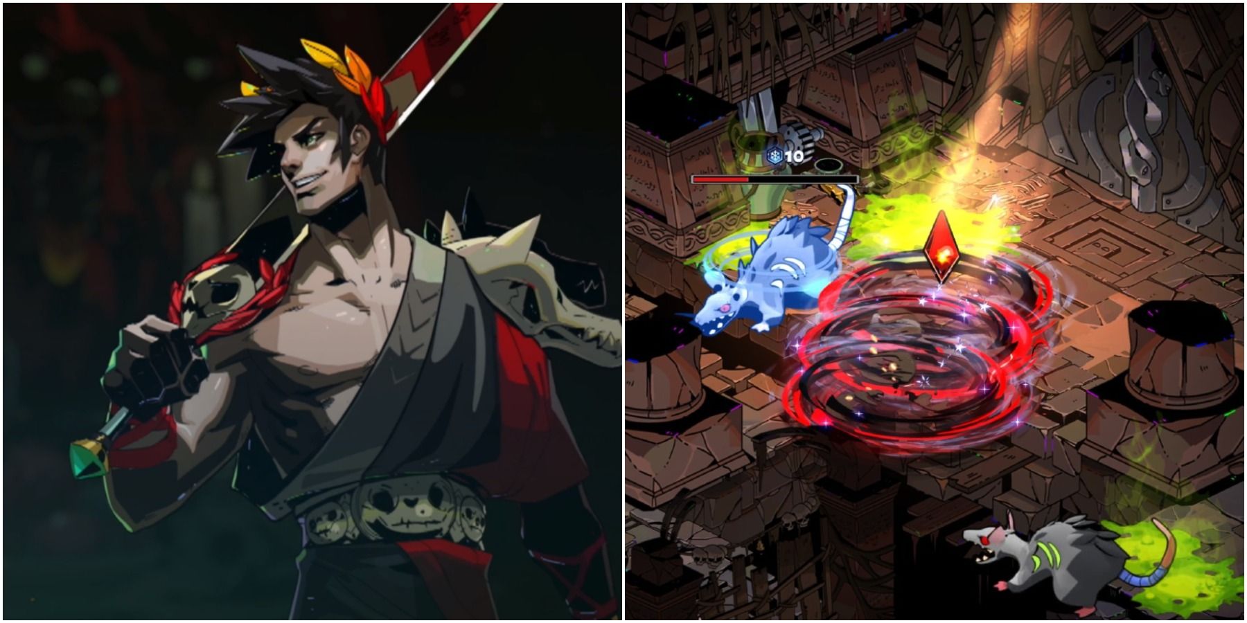 Left: Zagreus; right: Zag's cast in battle