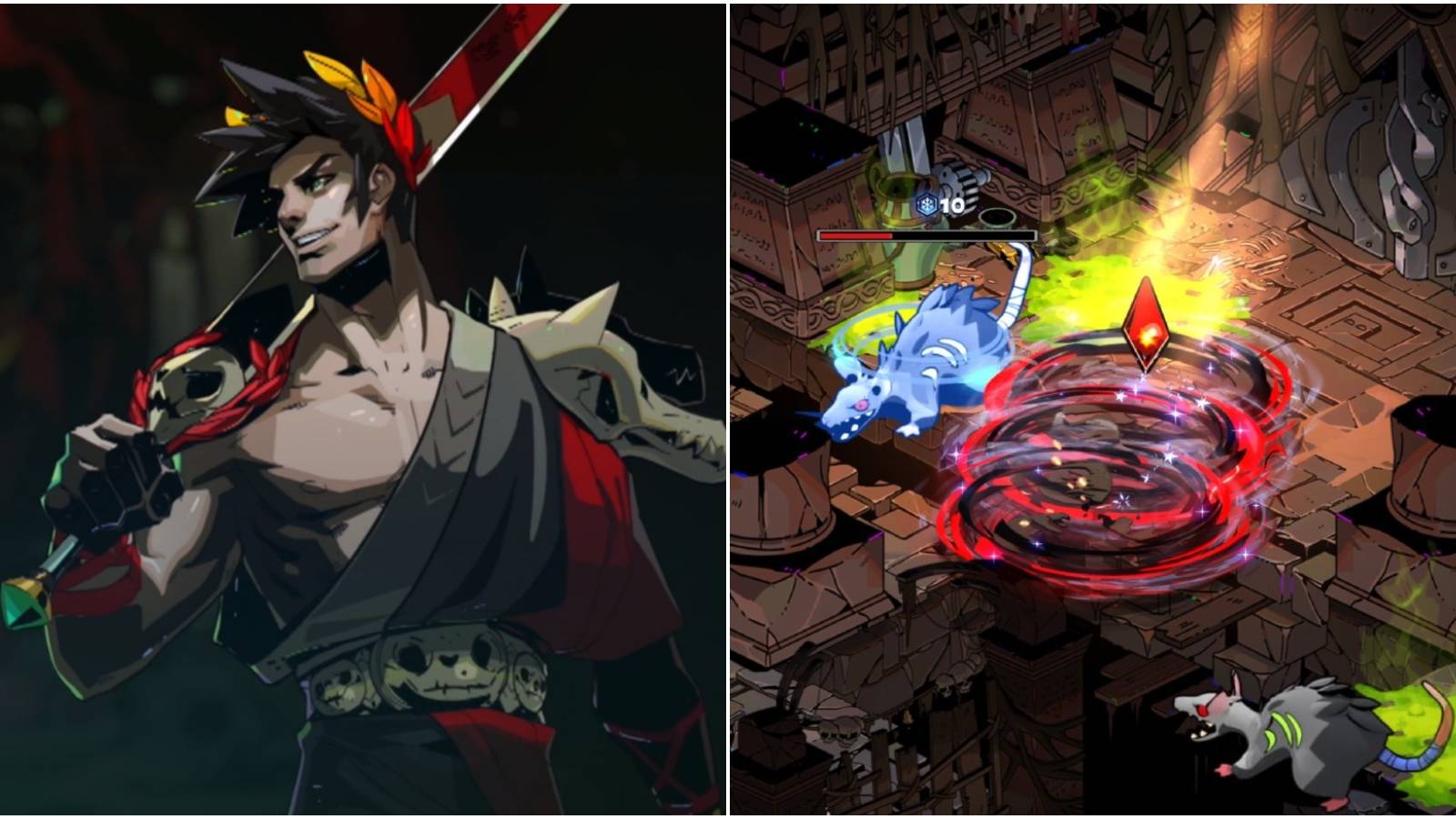 Left: Zagreus; right: Zag's cast in battle