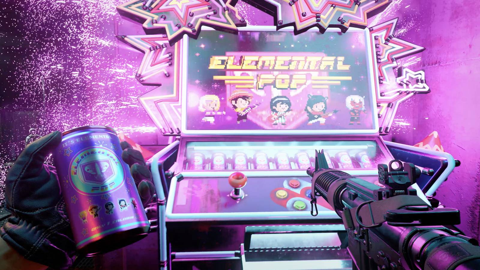 A gun and a can of Elemental Pop next to its respective vending machine