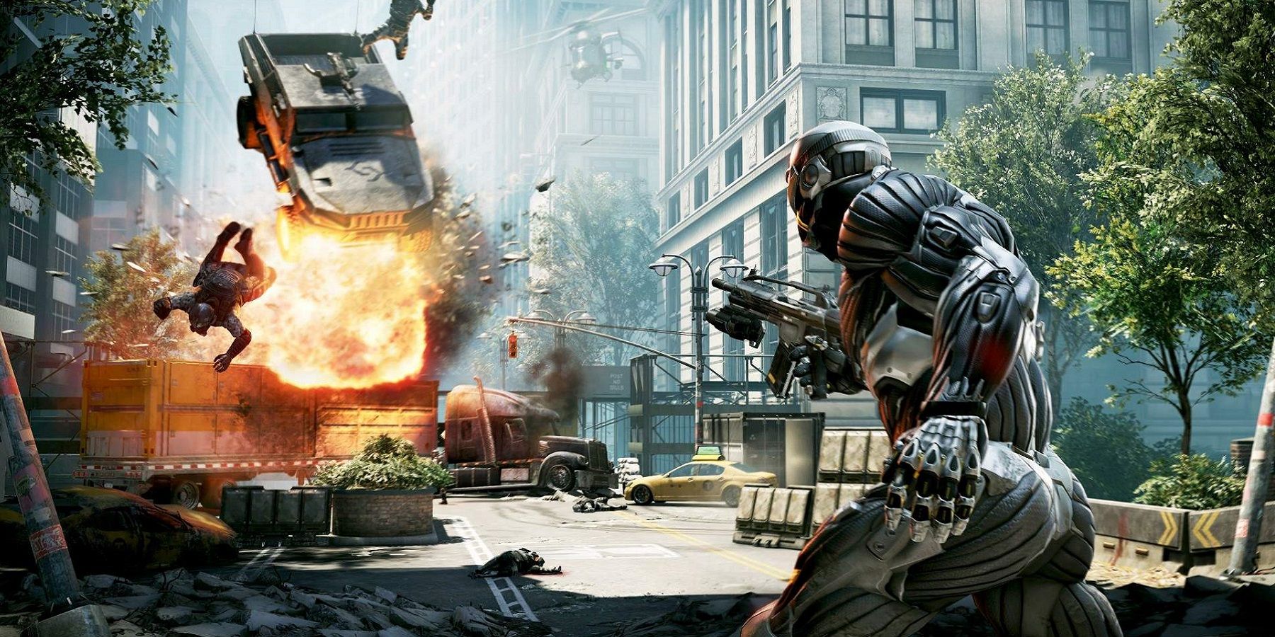 Image from Crysis showing a nanosuit-wearing soldier looking on a car explodes in the background.