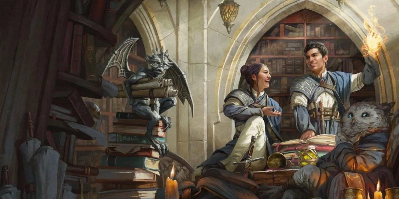 d&d art of characters in a library