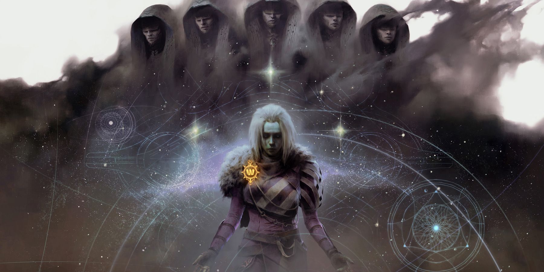 Mara Sov stands in front of five of her techeuns in the key art used for Destiny 2's Season of the Lost.