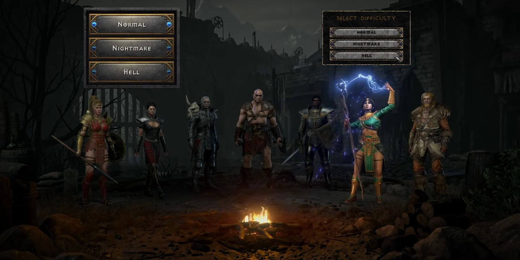 diablo 2 resurrected character creation screen with difficulty options