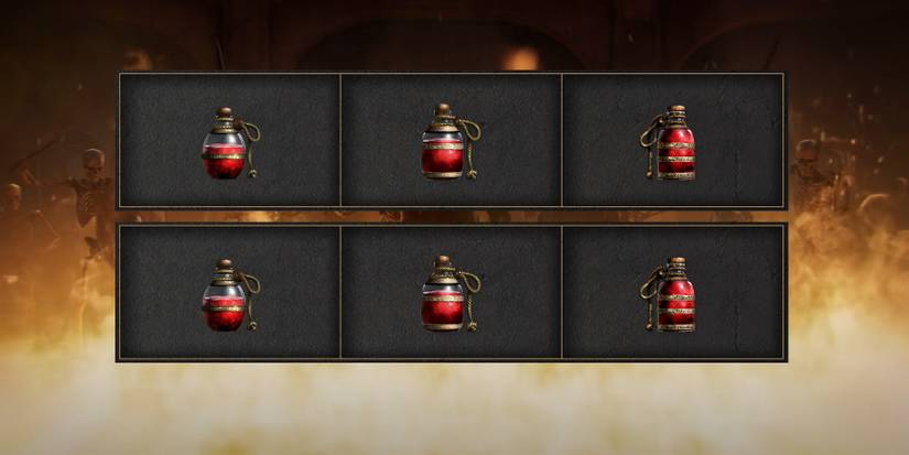 diablo 2 resurrected health potion symbols on a fire background from act 2 cutscene