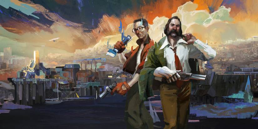 Artwork from Disco Elysium showing Kim and Harrier in the foreground.