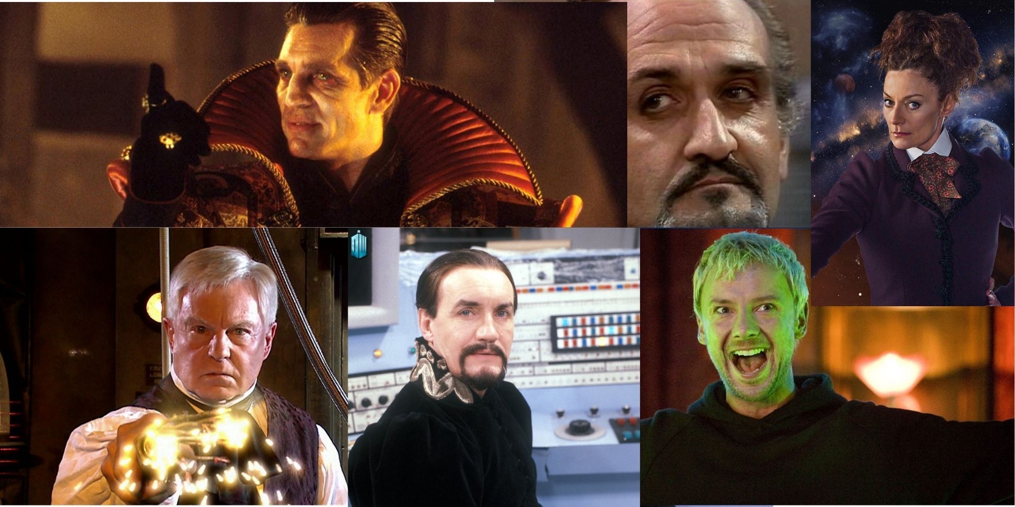 Split image of various incaranations of the Master, a character from the TV show Doctor Who.