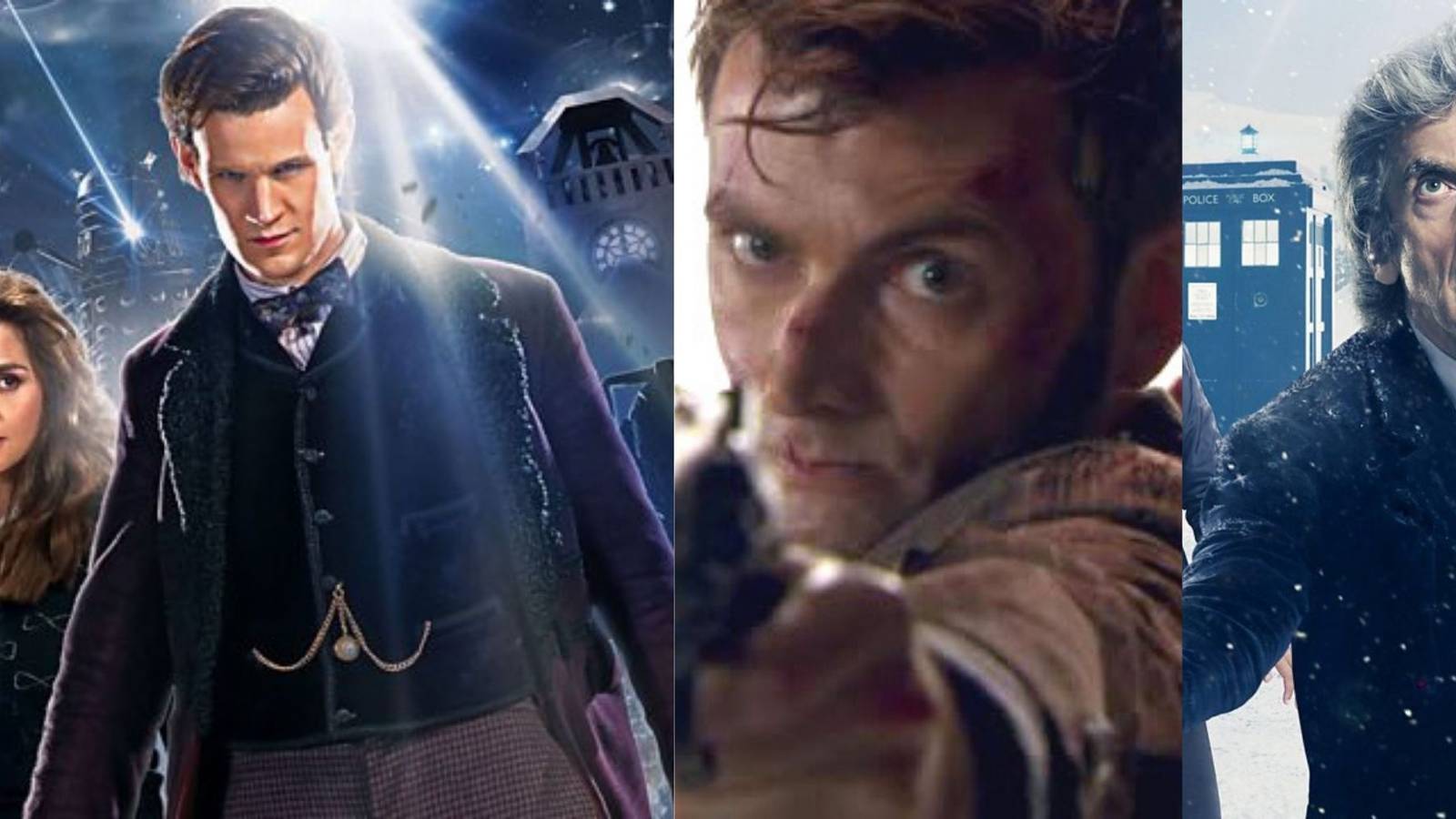 Split image of the Eleventh, Tenth, and Twelfth Doctors from the TV show Doctor Who.