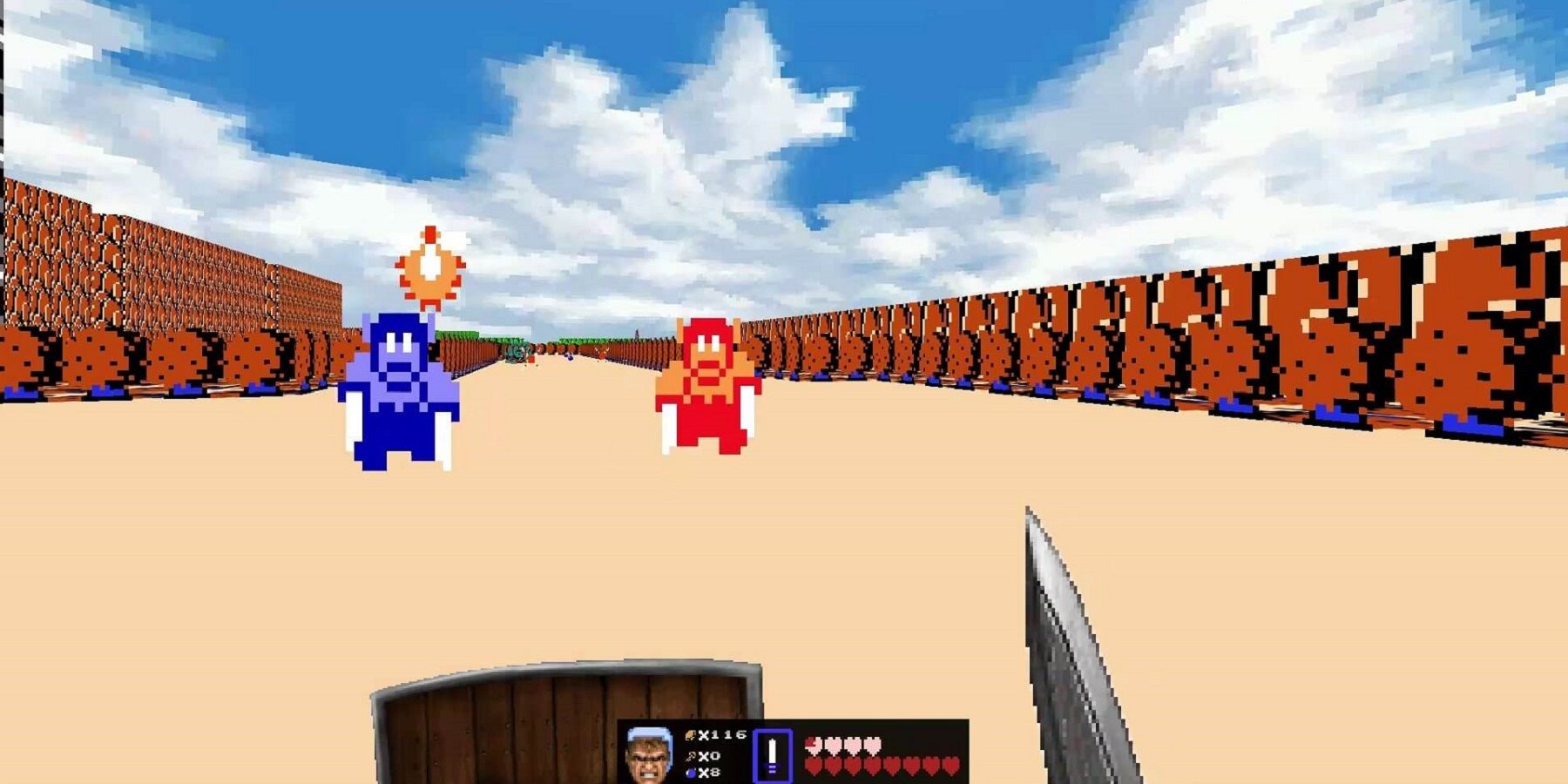 A screenshot from the Doom 2 mod Legend of Doom, showing the player in the kingdom of Hyrule from a first-person perspective.