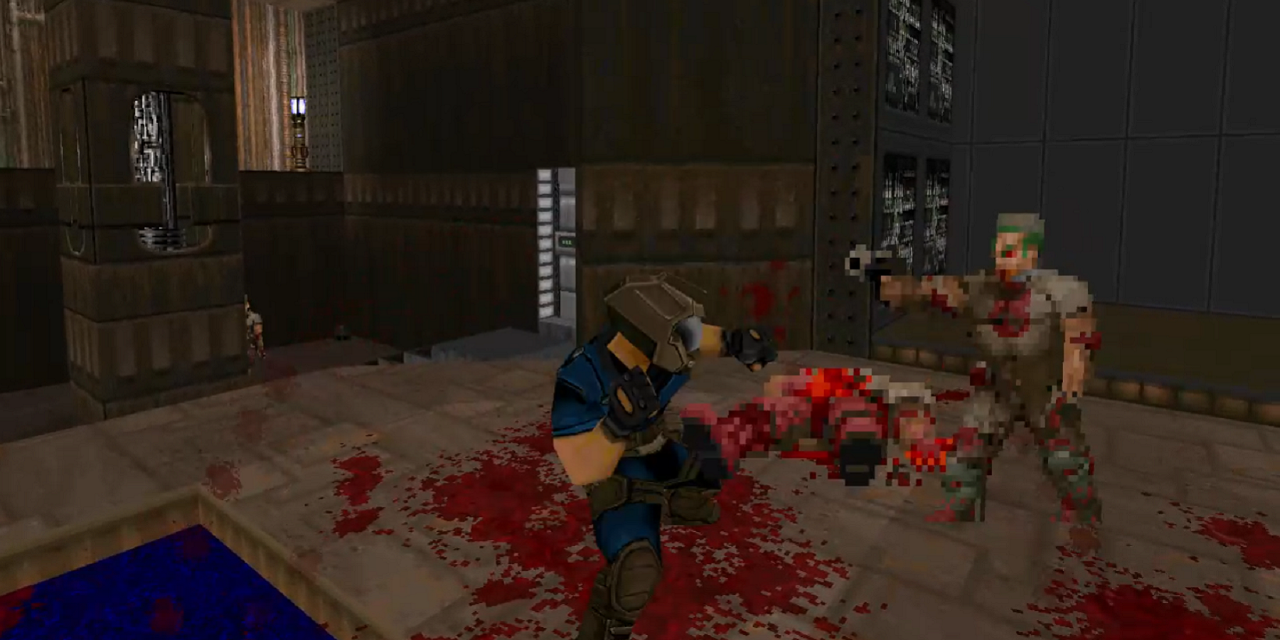 Screenshot from Doom 2 showing the game as a 3D brawler with Doomguy shown attacking a zombieman.