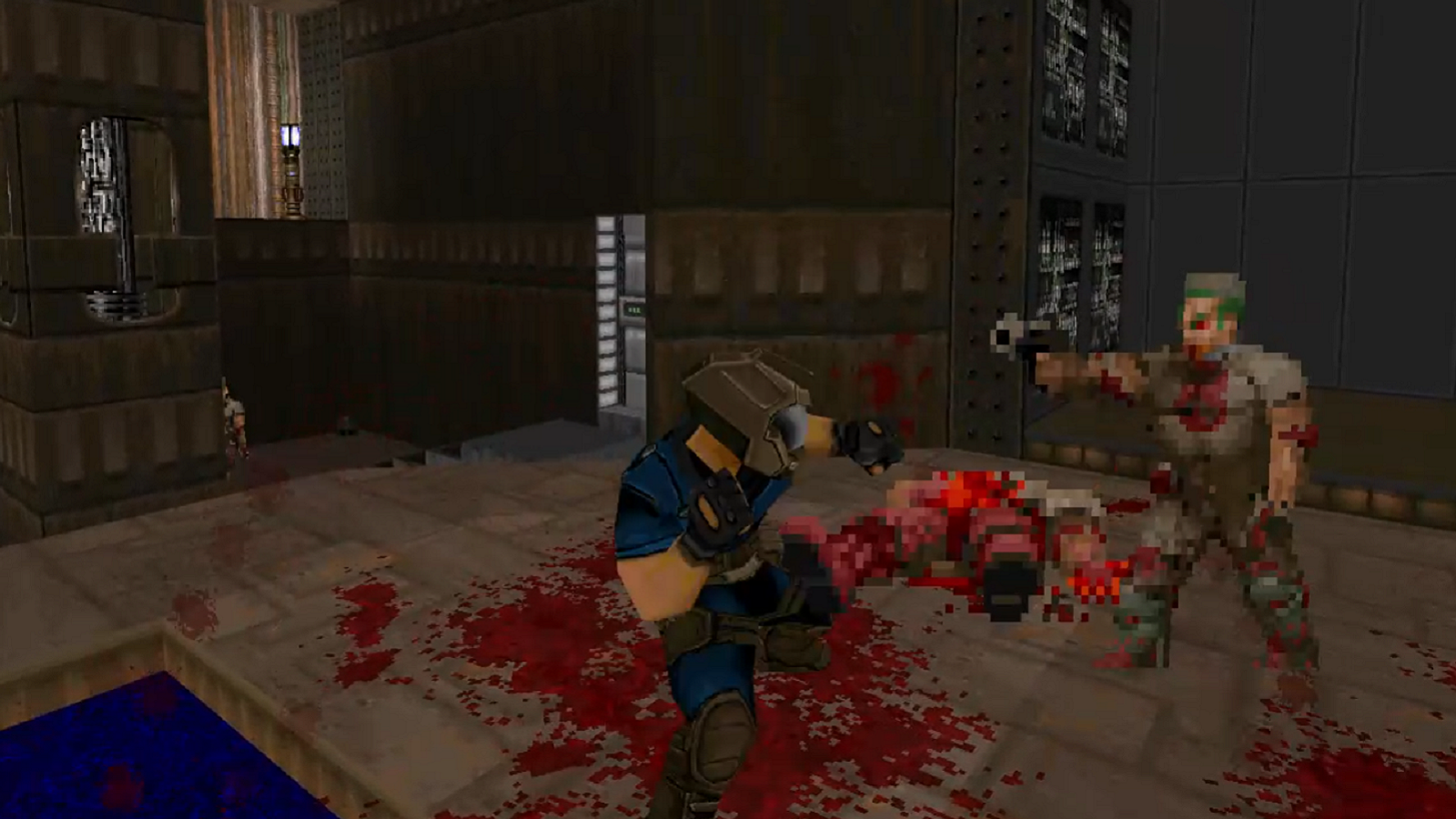 Screenshot from Doom 2 showing the game as a 3D brawler with Doomguy shown attacking a zombieman.