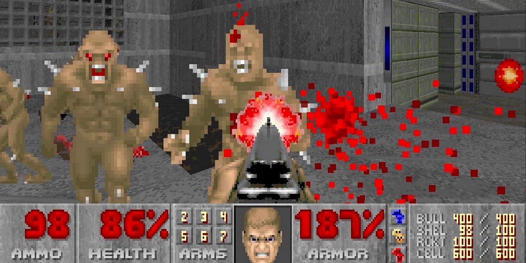 A screenshot from Doom showing an approaching imp being killed by the shotgun.